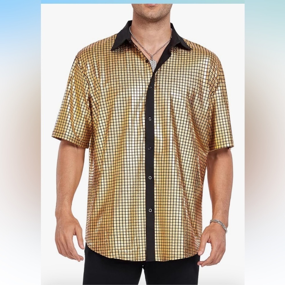 Men's Gold Sequin Grid Short Sleeve Button-Down Shirt
